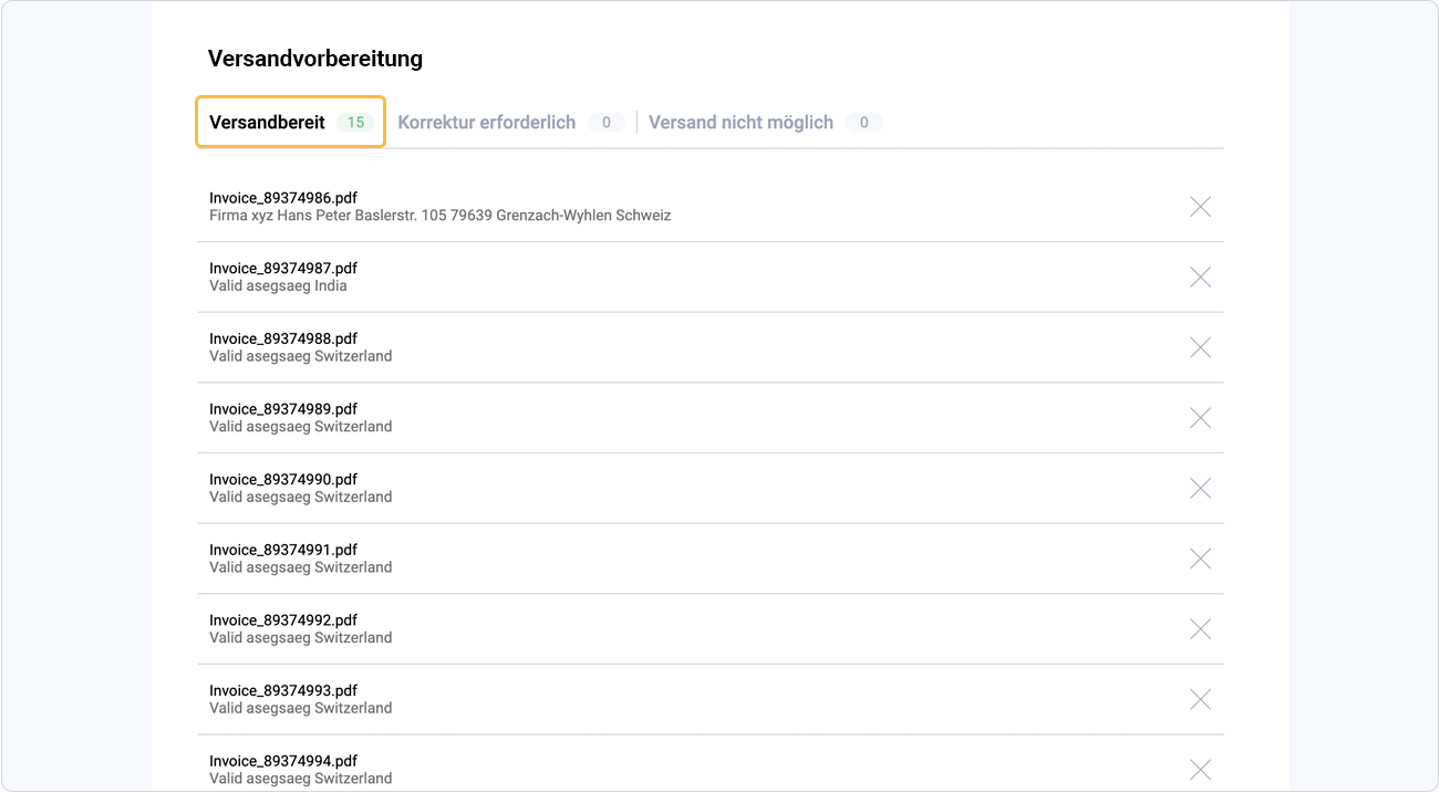 Briefe mit dem Status "Versandbereit"