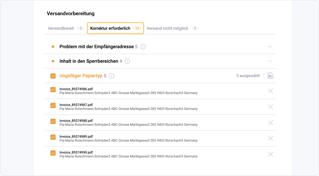 Briefe mit dem Status "Aktion erforderlich"
