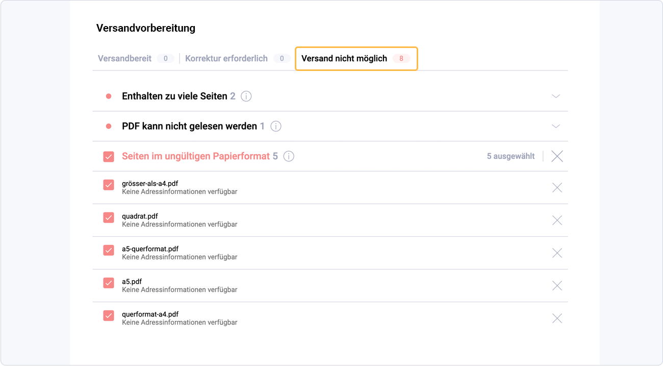 Briefe mit dem Status "Ungeeignet"