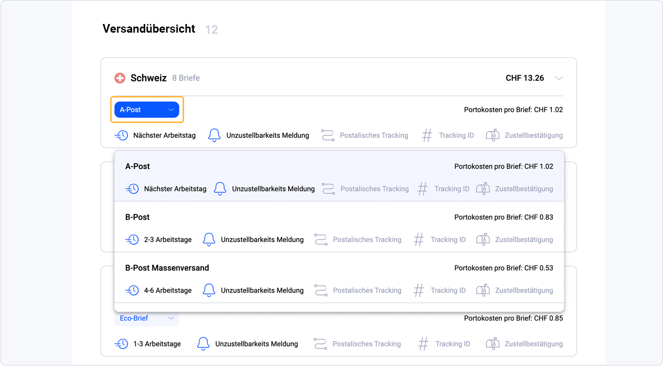 Versandart auswählen
