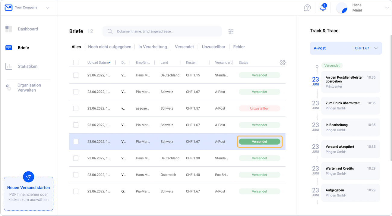 Brief über die Track & Trace Funktion verfolgen