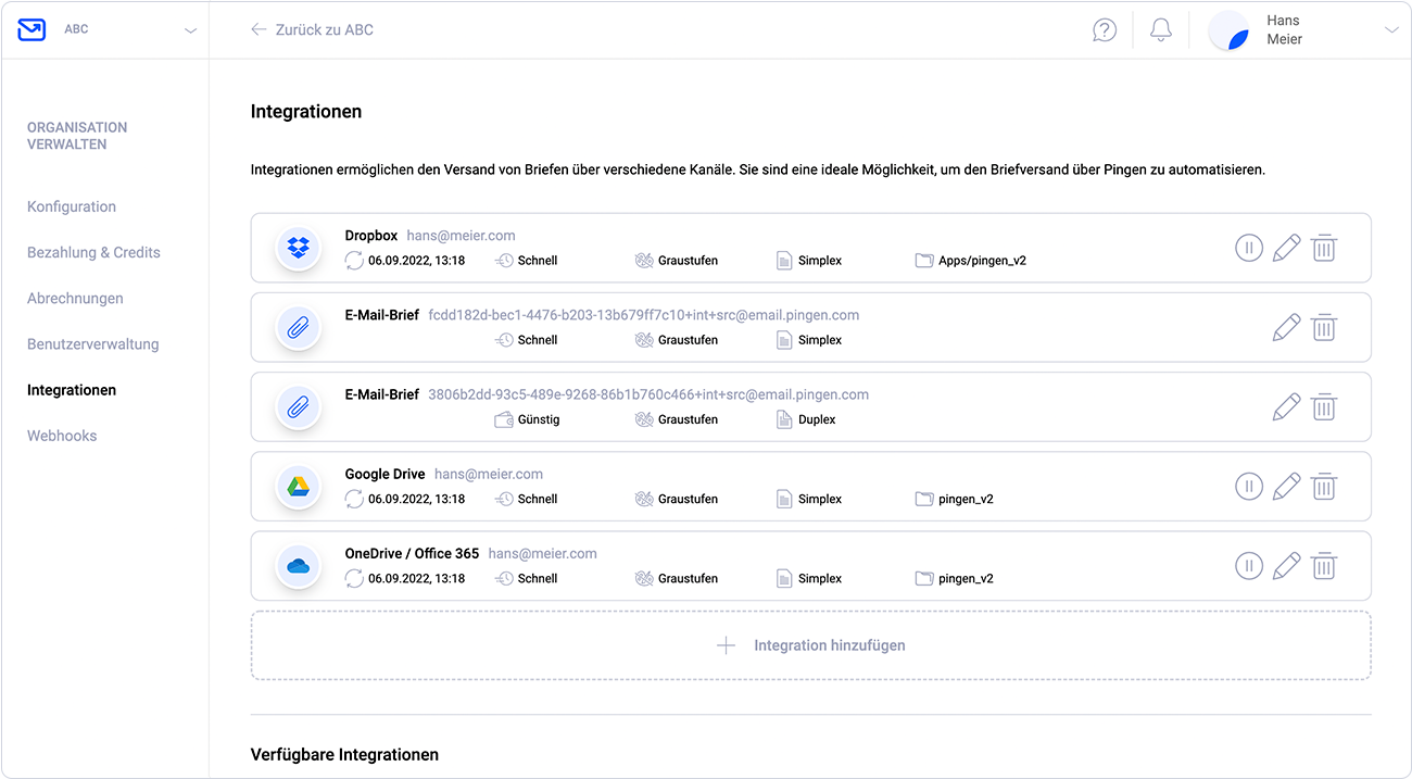 Integrationen über die Pingen-App verwalten