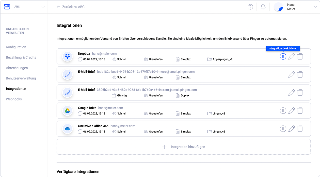 Integration deaktivieren