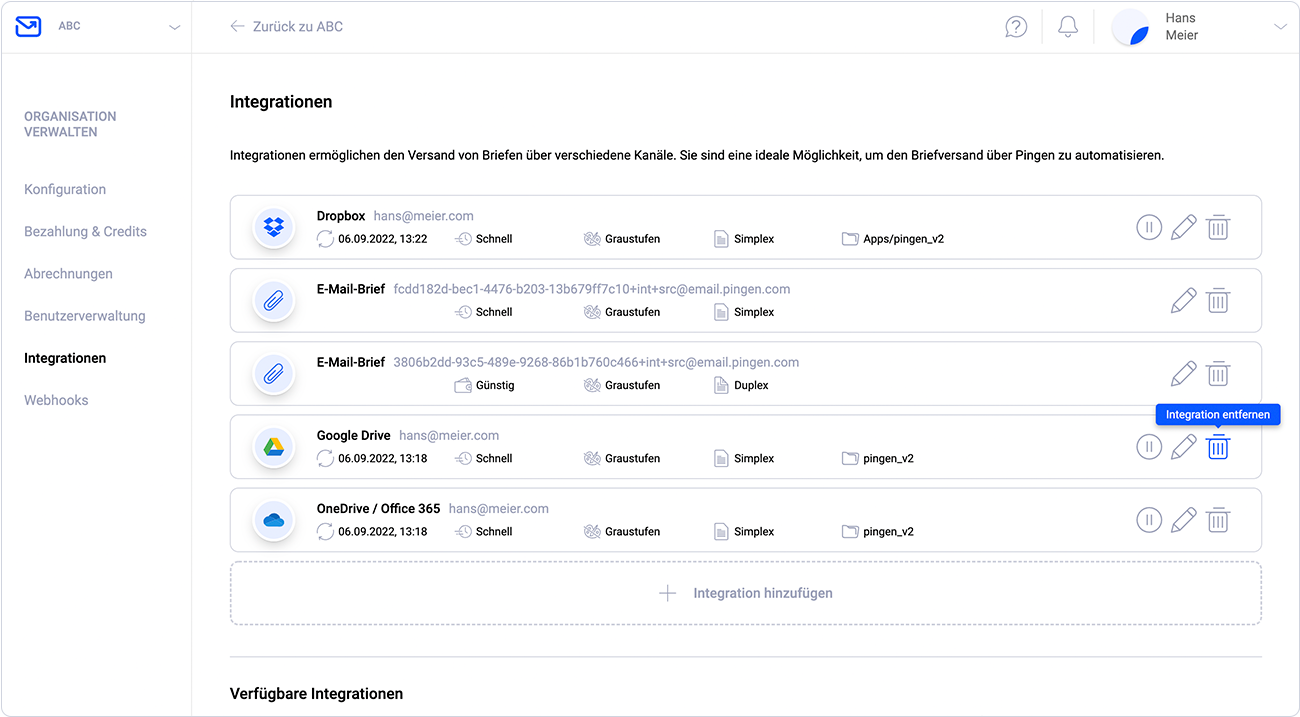 Integration entfernen