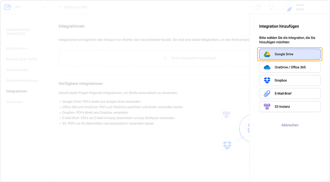 Google Drive Integration auswählen