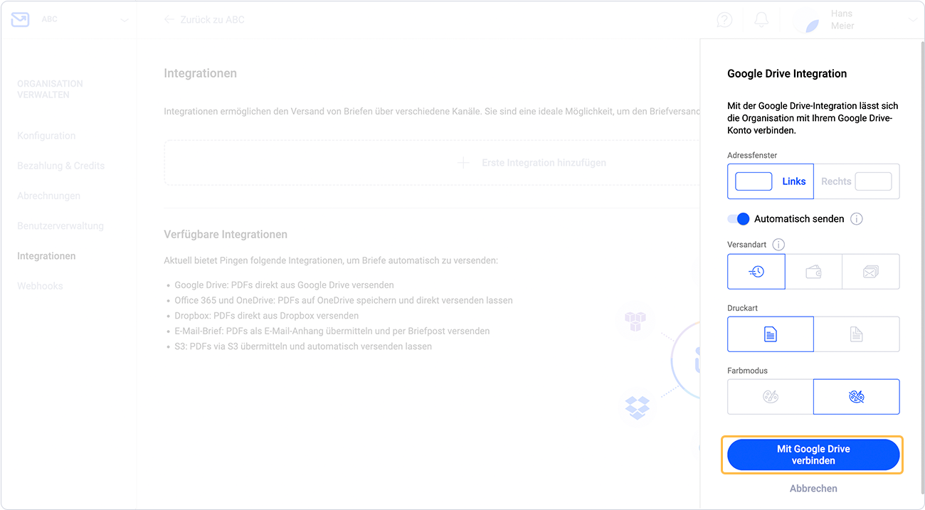Google Drive Versand-Einstellungen