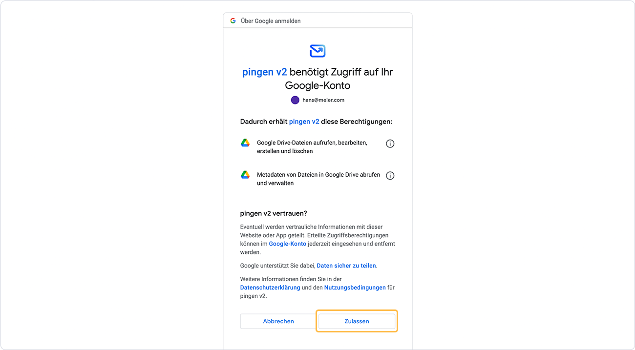 Zugriff auf das Google-Konto erlauben
