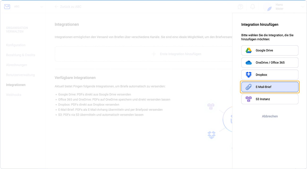 E-Mail-Brief-Integration hinzufügen