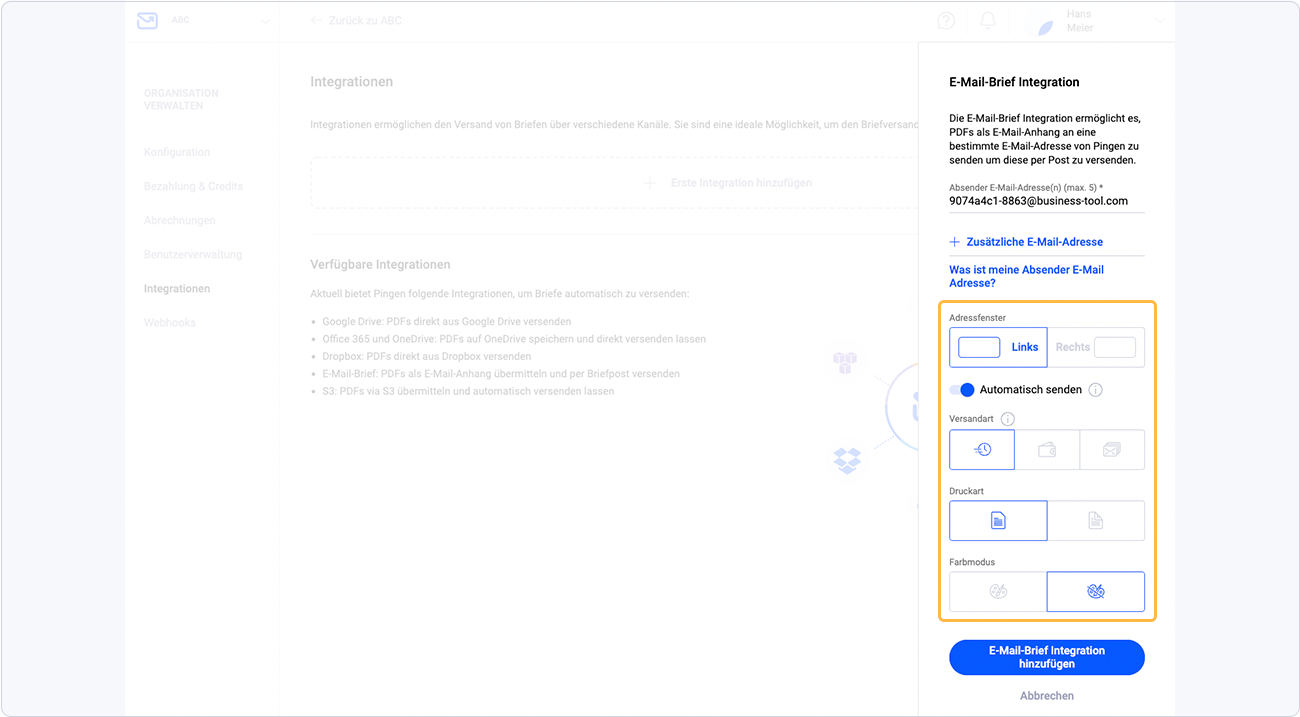 E-Mail-Brief Integration Versand-Einstellungen