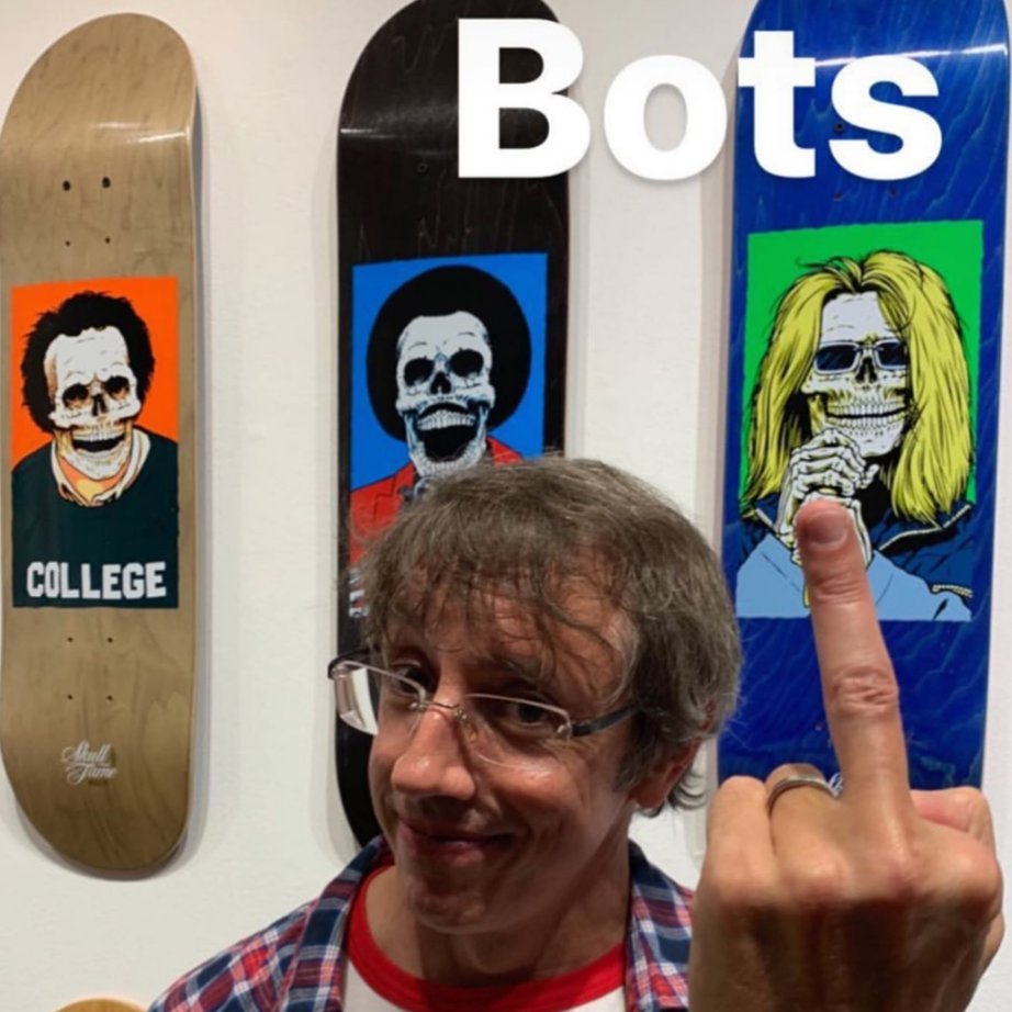 Sean Cliver of Strangelove Skateboards flipping off sneaker bots