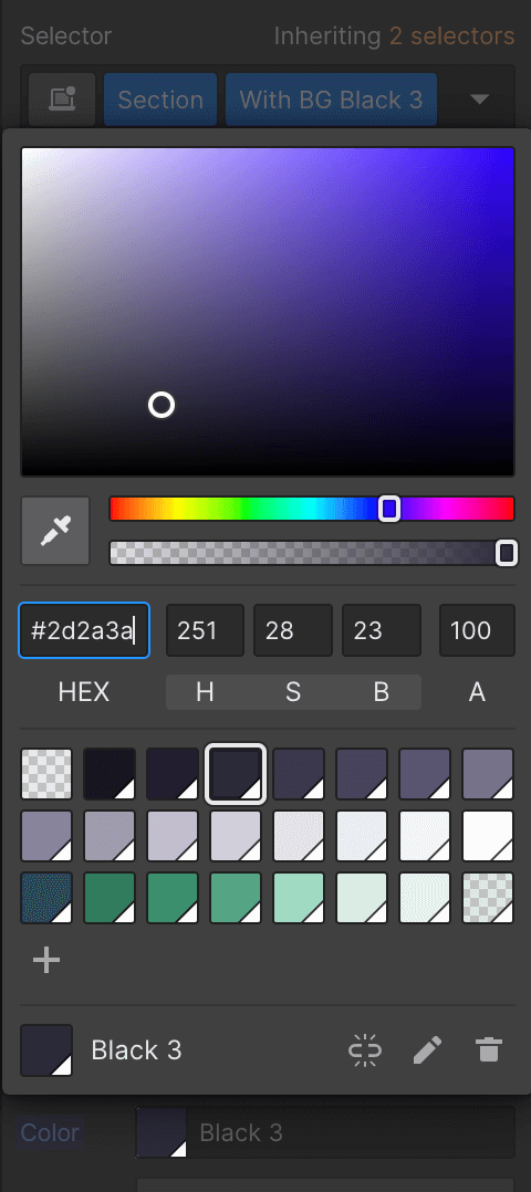Webflow global swatches settings