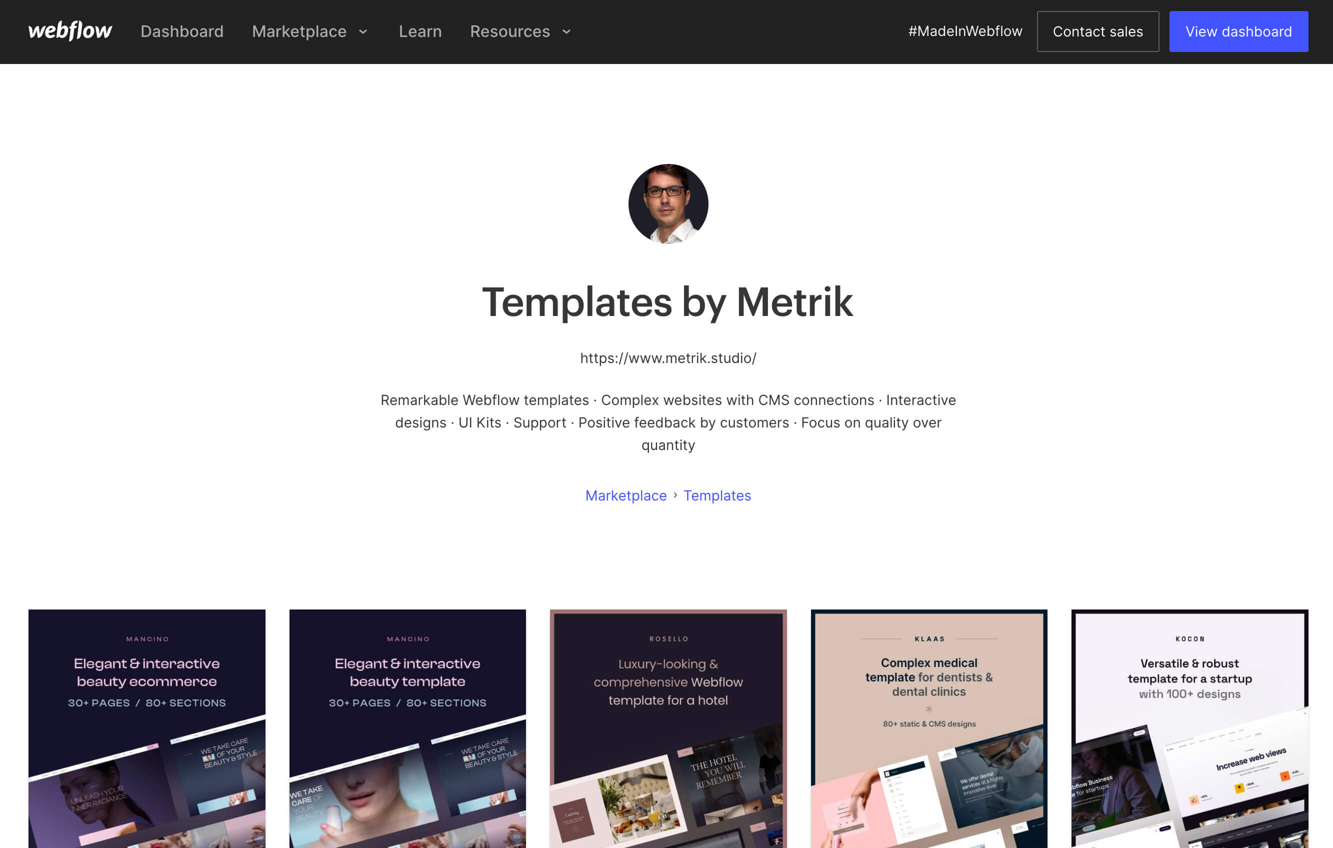 Webflow marketplace author profile with templates