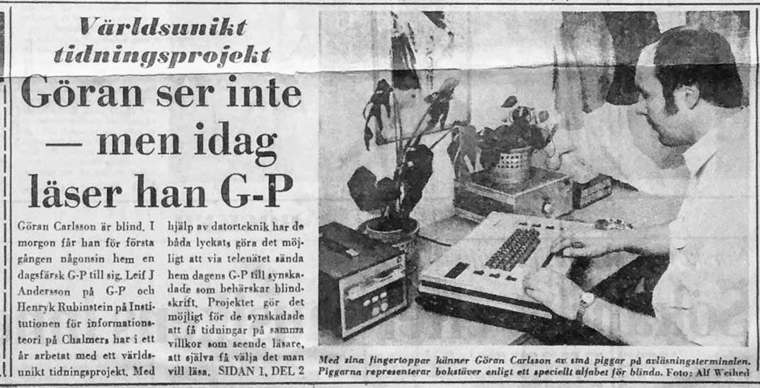 Nyhet om Textalks arbete på Göteborgs-postens förstasida i slutet av 70-talet