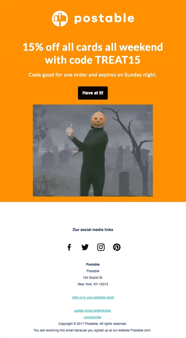 improve email deliverability ecommerce - animated gif email humongous halloweekend sale postable