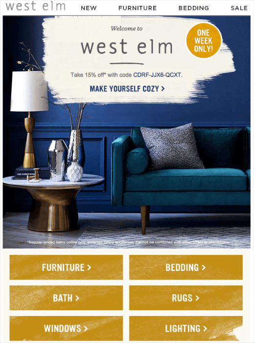 improve email deliverability ecommerce - west elm welcome email with discount code