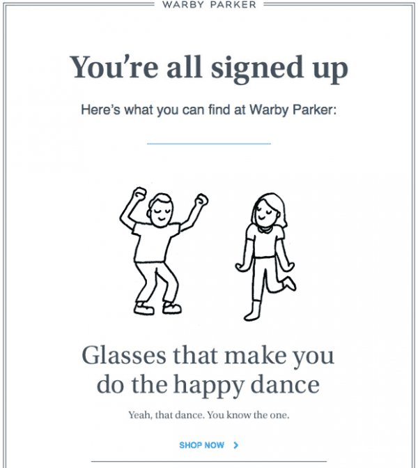 improve email deliverability ecommerce - warby parker welcome email make you smile