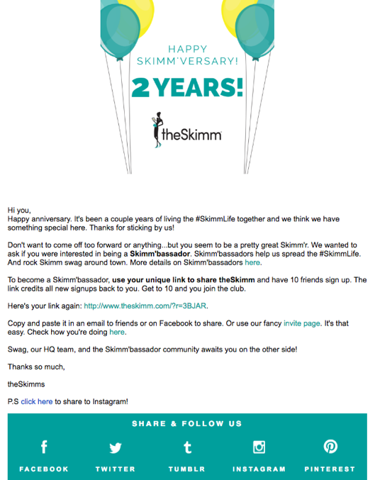 theskimm anniversary email reduce customer churn by proactive communication