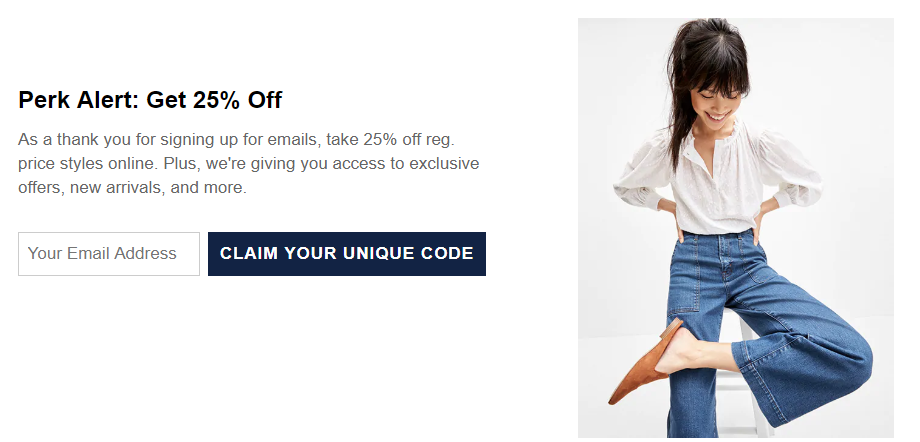 gap discount offer popup - ecommerce list building strategies