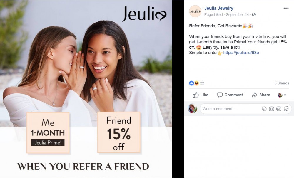 Jeulia - Facebook referral post