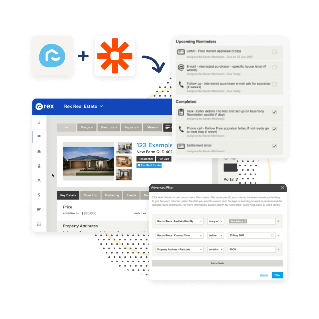 rex crm real estate software image of listing, reminders and advanced filters