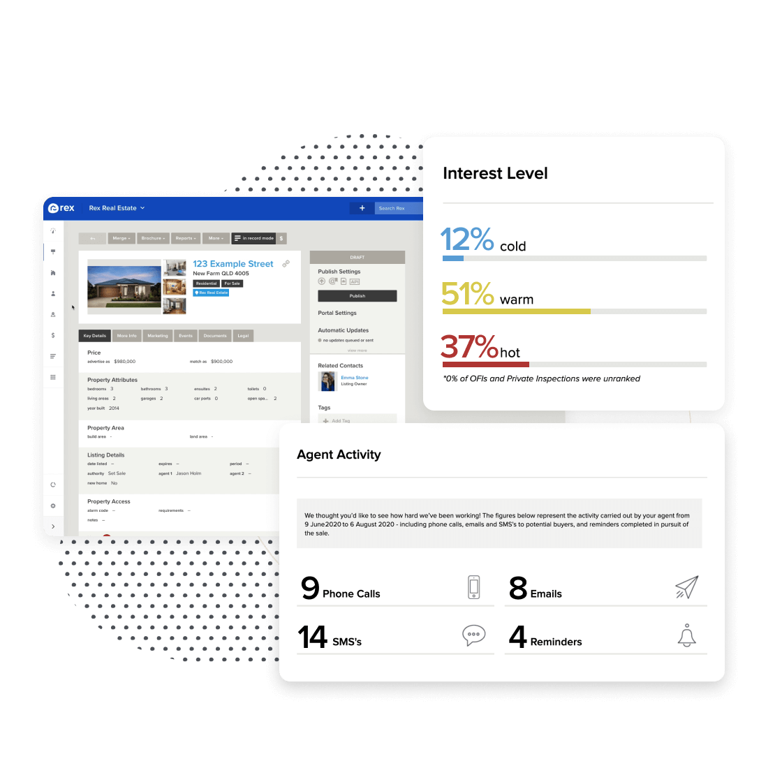 rex crm real estate software image of listings record and agent activity