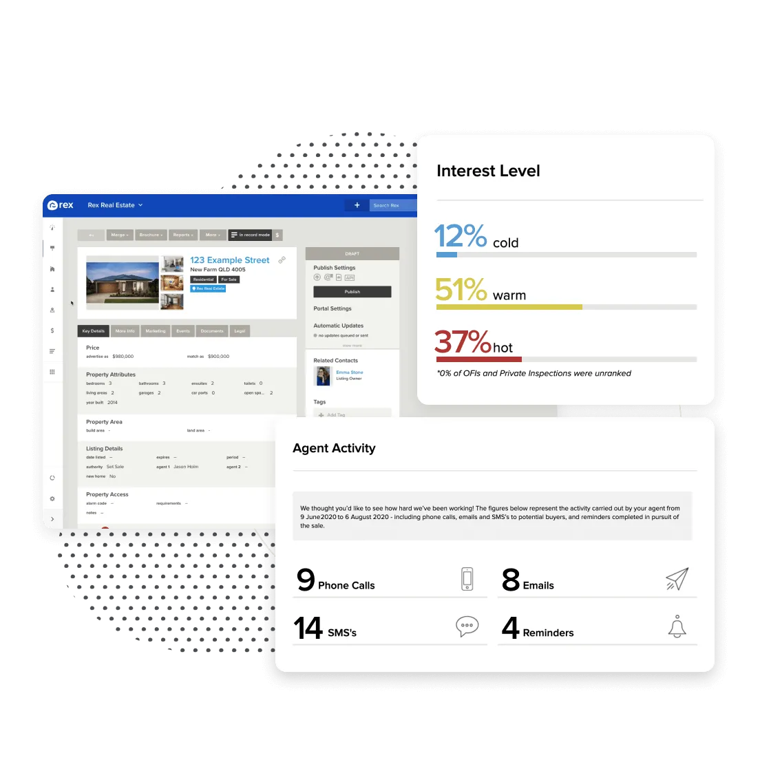 rex crm real estate software image of listings record and agent activity