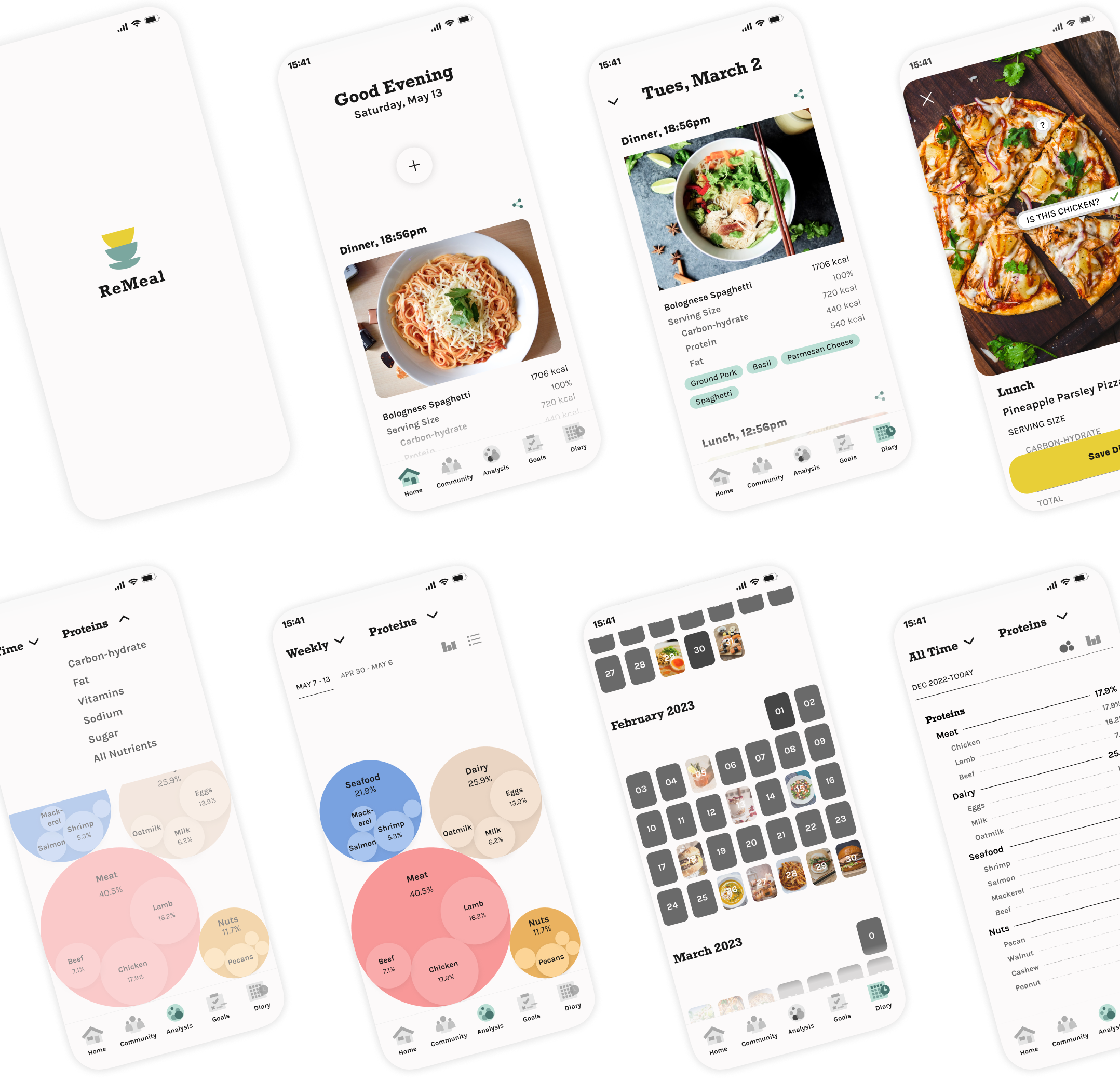 8 ReMeal Interface Screens presented beautifully side by side.
