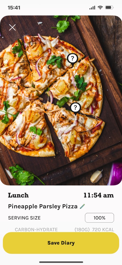 Pizza image will be analyzed by AI to document the ingredients and nutrition value