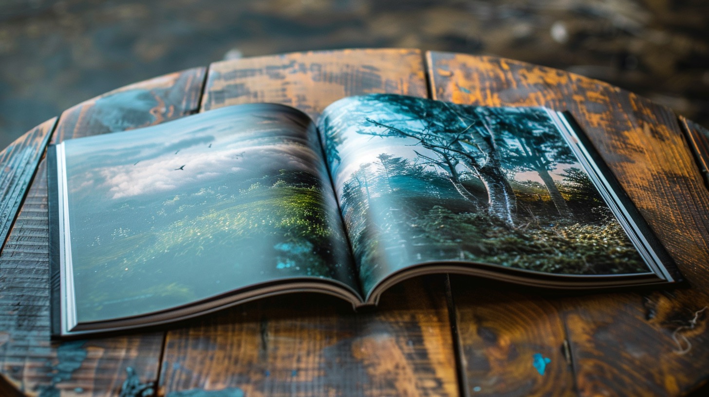 a square format photography coffee table book on a rustic wooden desk