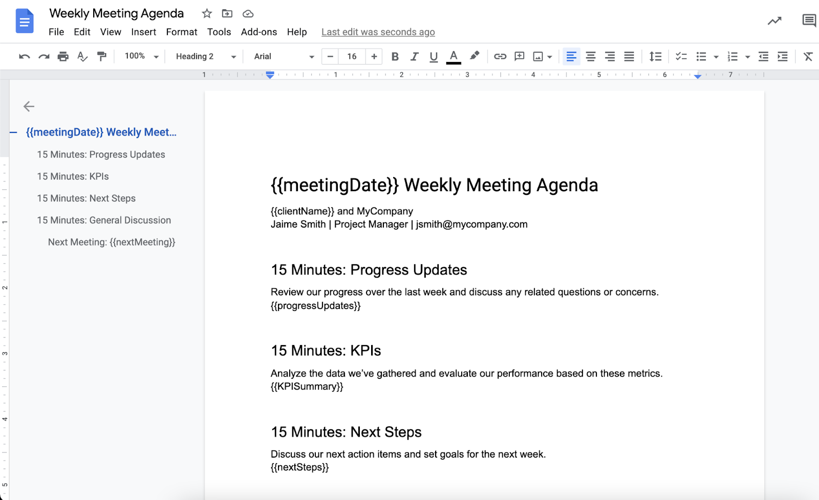 Use curly braces to add variables to your Google Docs template