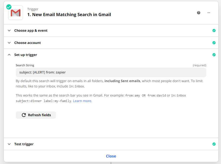 Use "new email matching search" in Gmail as your Zap trigger