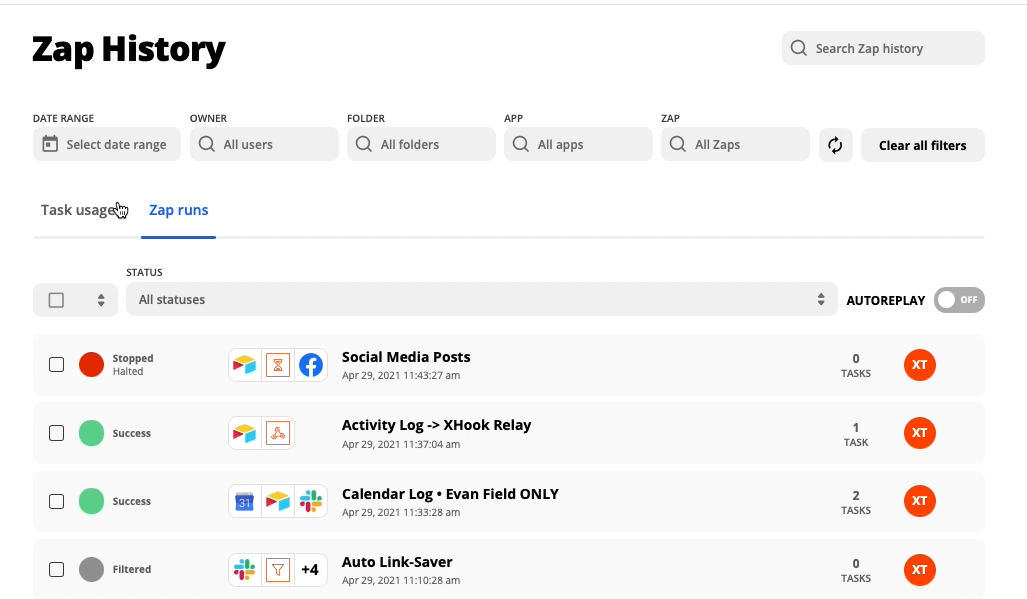 Click on the "Zap runs" tab to see all of your automated Zapier activity