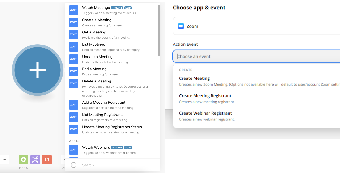 Integromat has more actions for Zoom than Zapier does