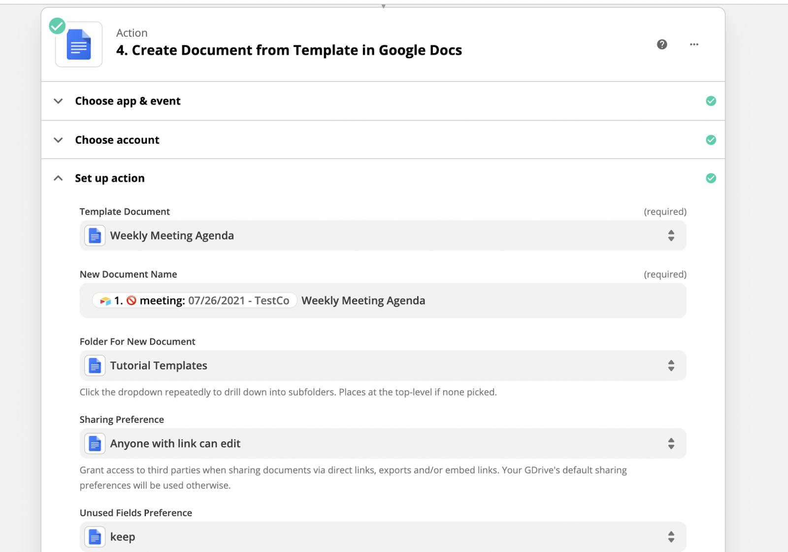 Add a new step to create a new document for template in Google Docs