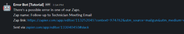Our Slack message
