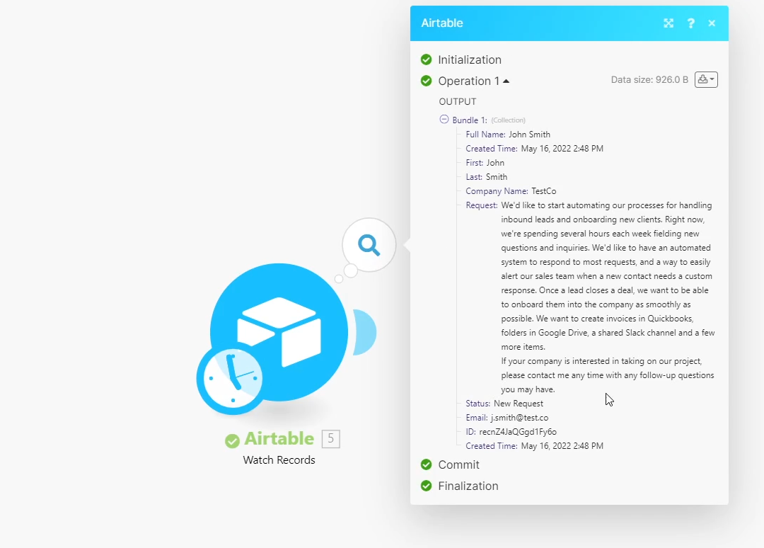 A completed view of an Airtable trigger module, with trigger information displayed