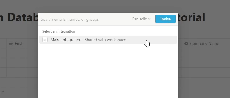 The Integrations menu with the Make Integration selected with a large button to Invite