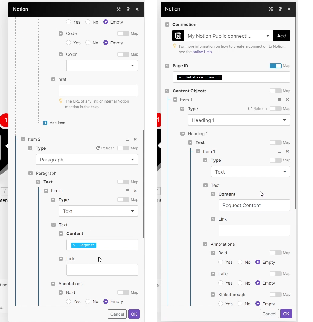 A side by side view of the expanded view of the Content Objects section of the Append a Page Notion module with Content filled in from the Airtable "Request" variable