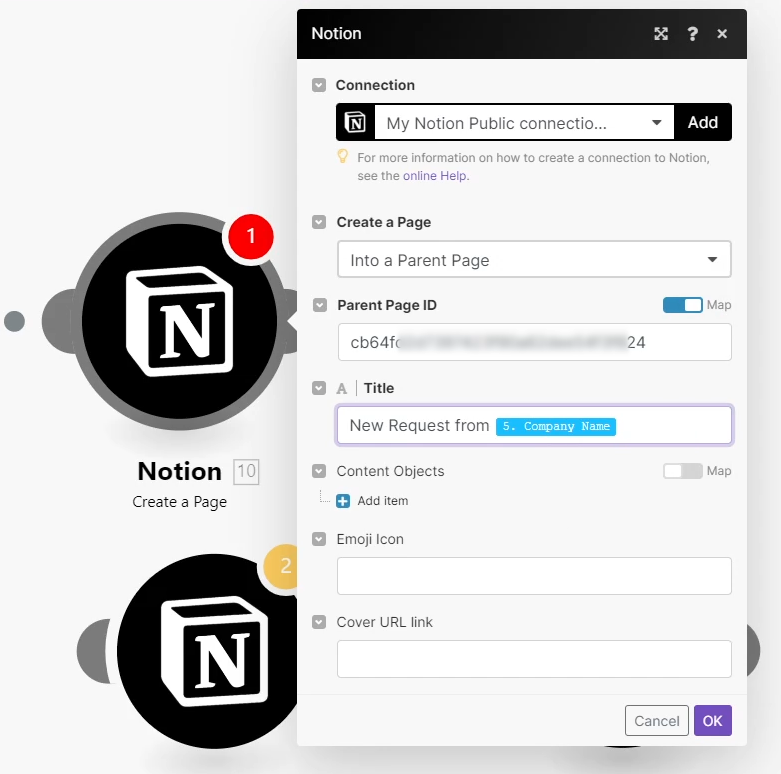 A Notion Create Page module with the configuration window open displaying to Create a Page into a Parent Page selected and our Parent ID page statically mapped.