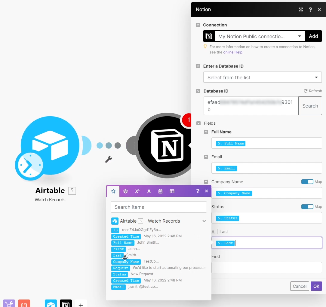 A Notion module with the Database ID field filled in from before, with the appropriate fields mapped from the previous Airtable Trigger Module