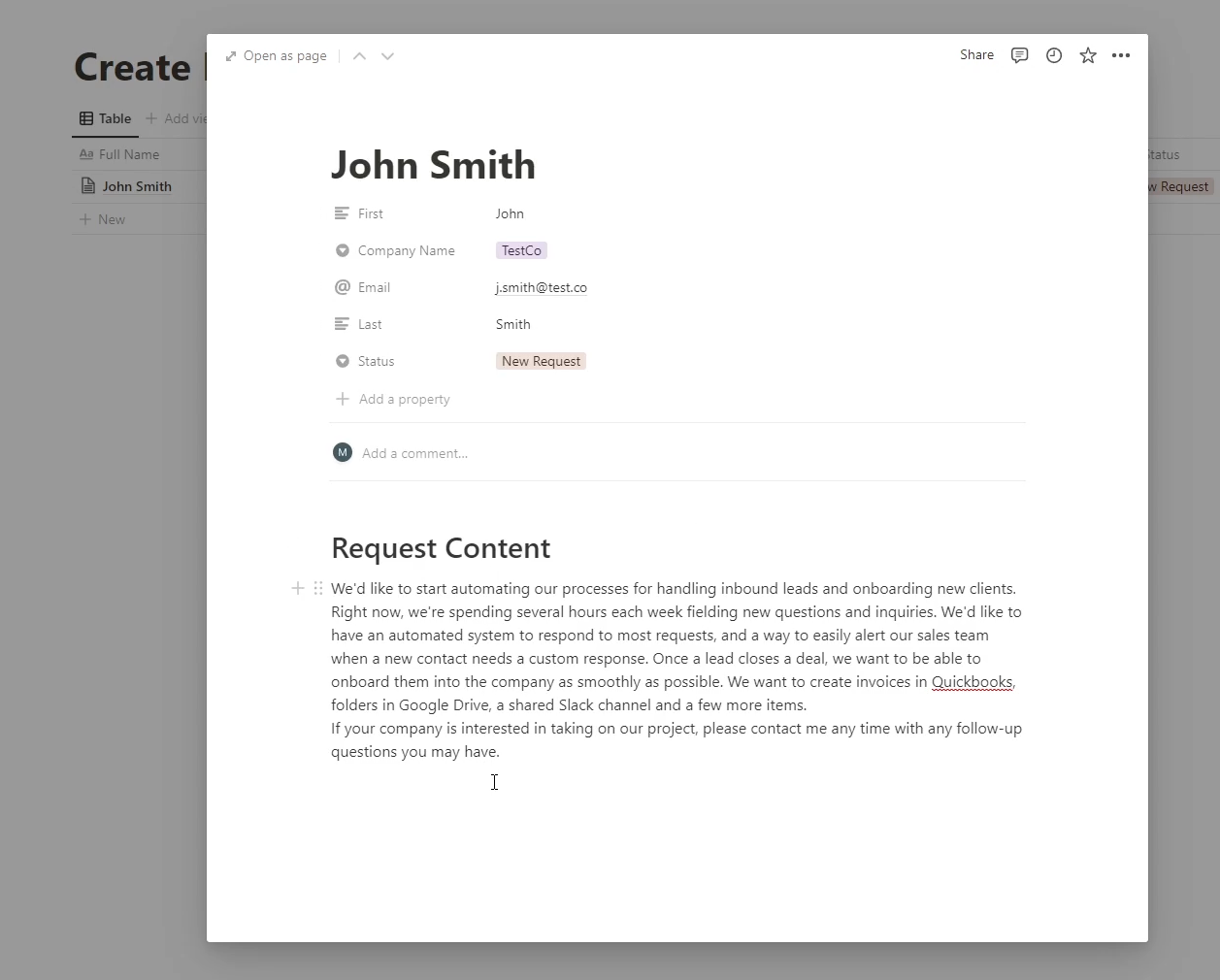 The automatically created Notion page of John Smith with all the appropriate details filled in