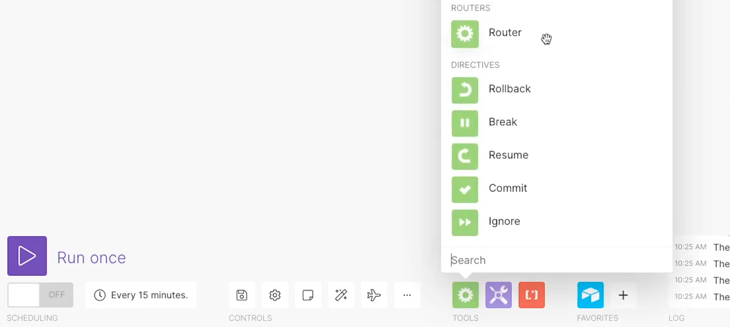 Choosing "Router" from the Flow Control menu