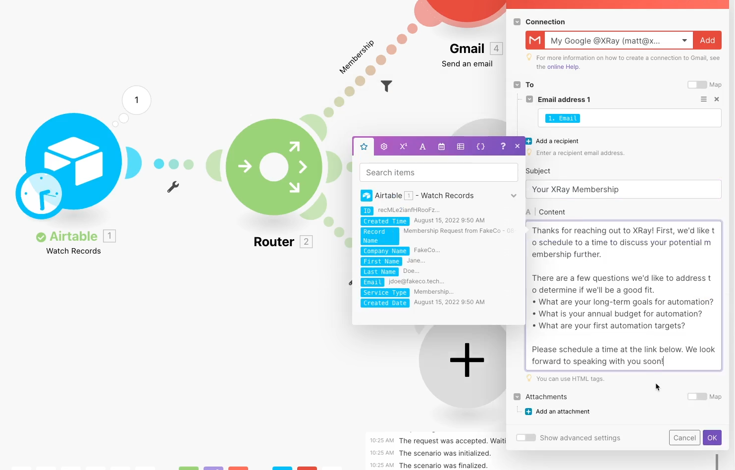 An Gmail Action added to the Membership route using Airtable trigger data