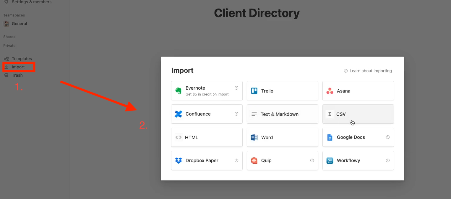 Click Import on the side of Notion to select create a Standalone Database