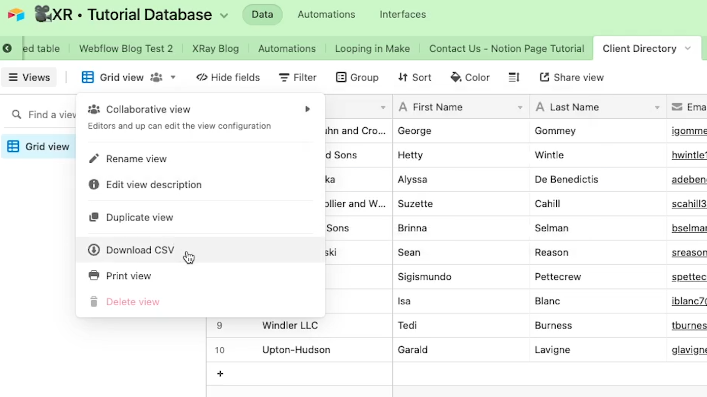 Download a CSV from the Tutorial Datbase