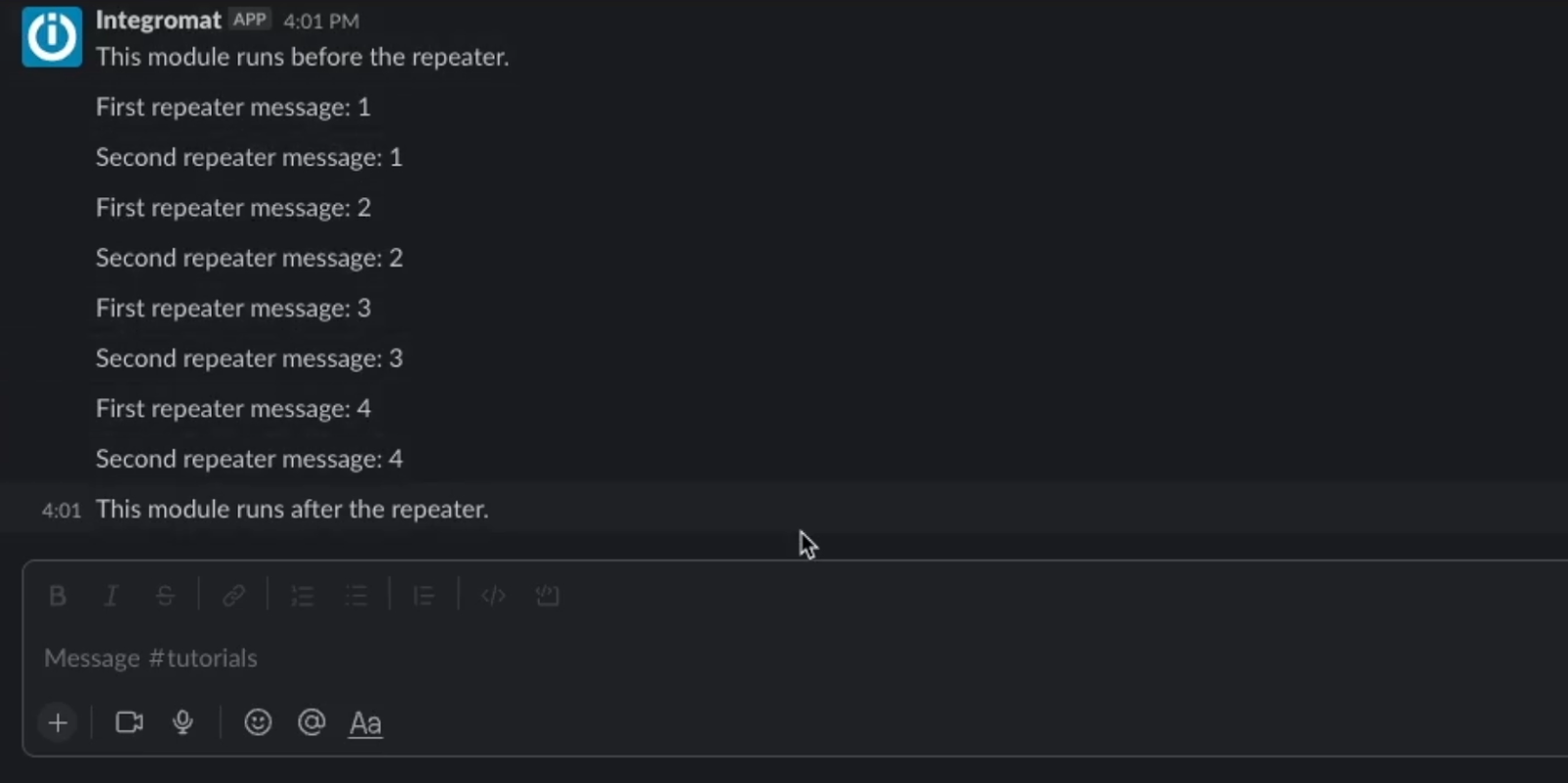 A view of everything a Slack response from a completed Repeater