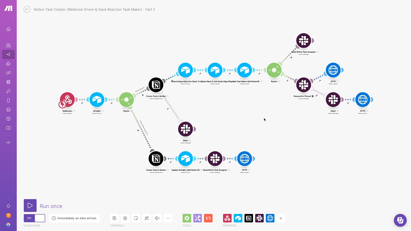 Make's layout is ideal for complicated automations with branching paths.