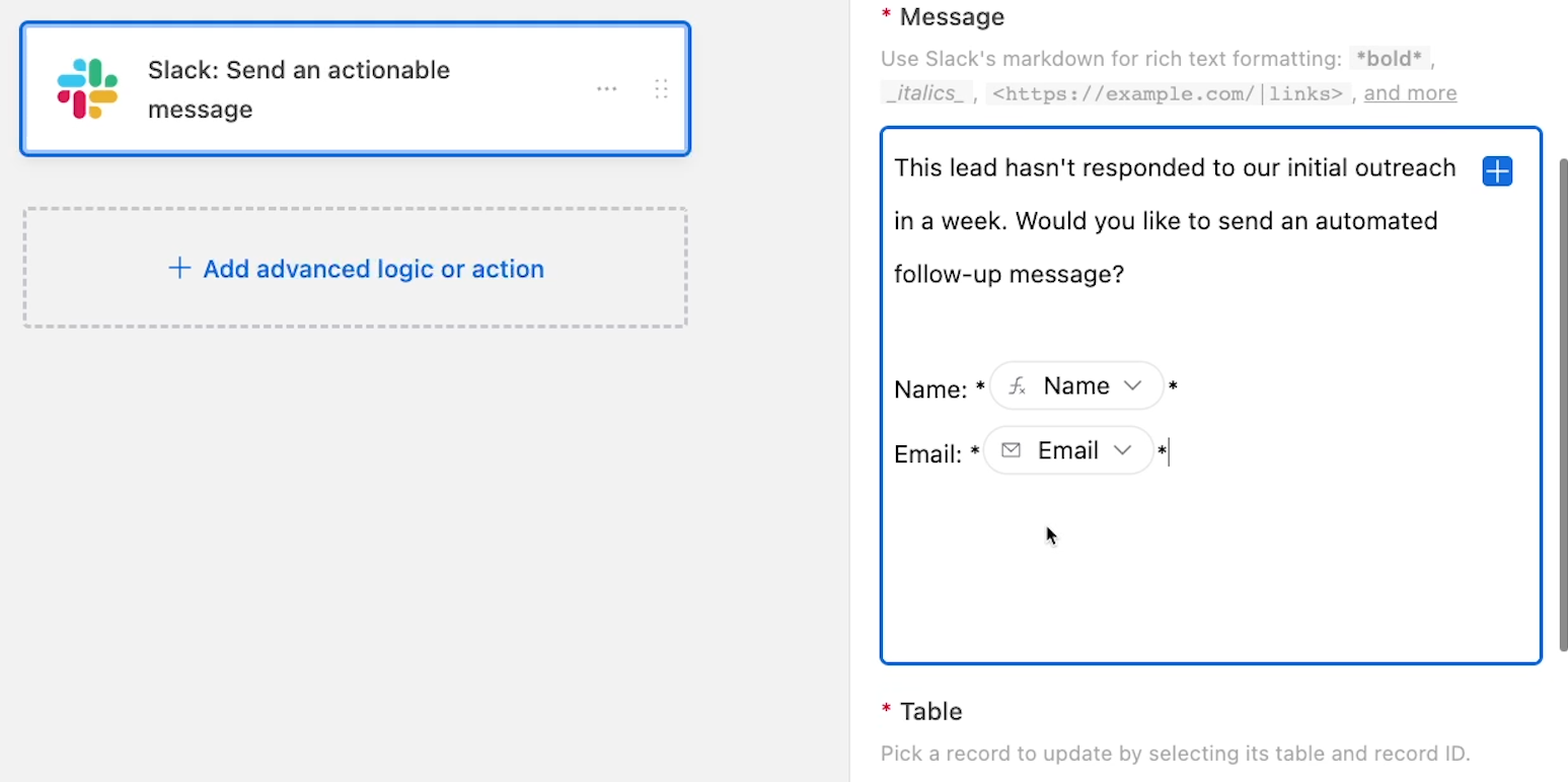 Configure the main message like any other Slack message in Airtable