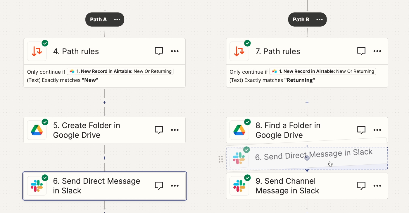 You can drag actions into different paths