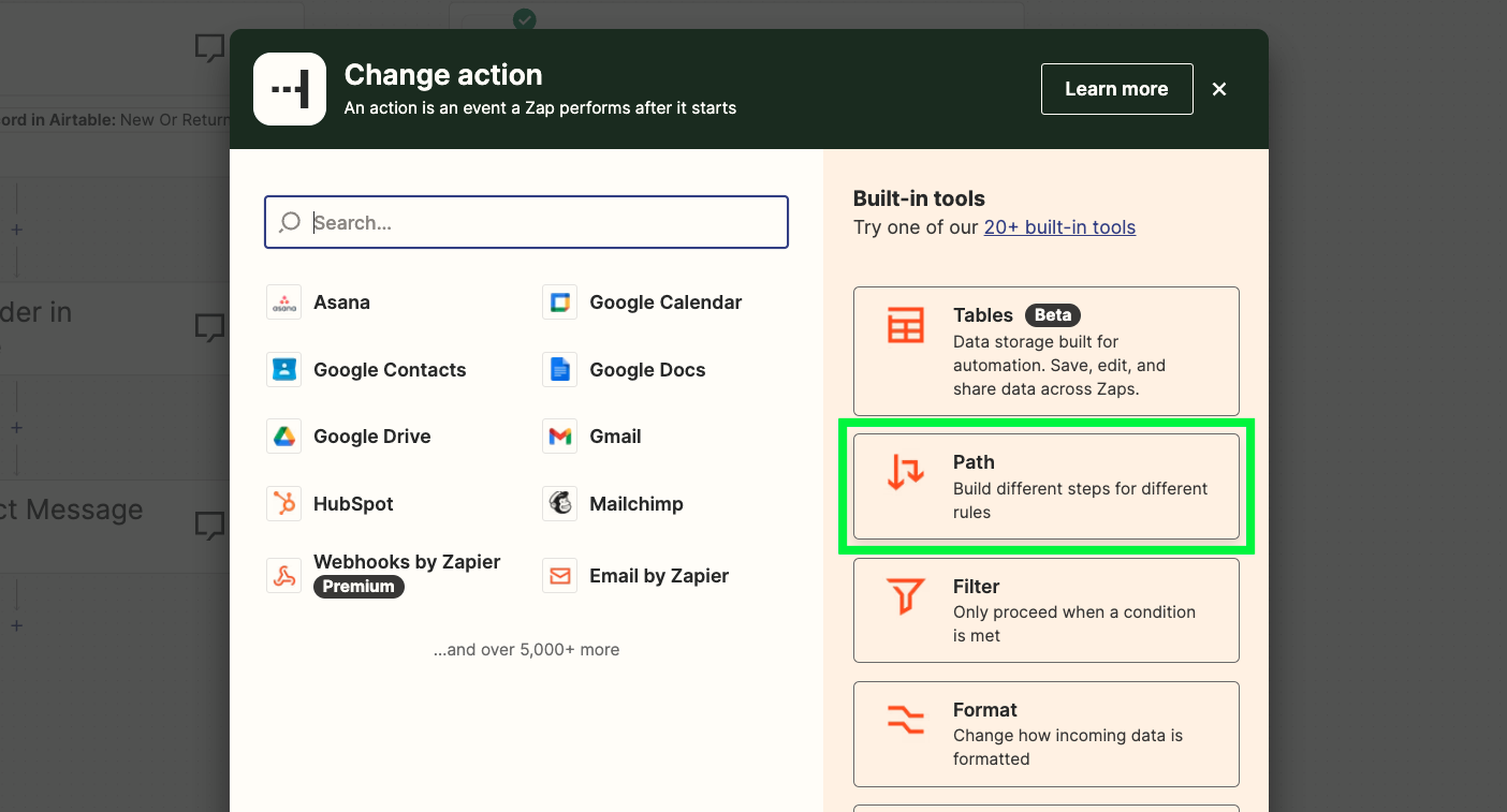 Add paths by adding an action and selecting "path"